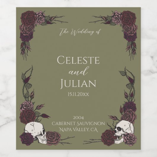 Olive Green Skulls & Roses Gothic Wedding Wijn Etiket (Enkel label)