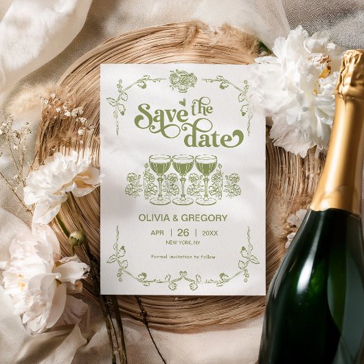 Olive Green Sparking champagne Bewaar de datum Kaart