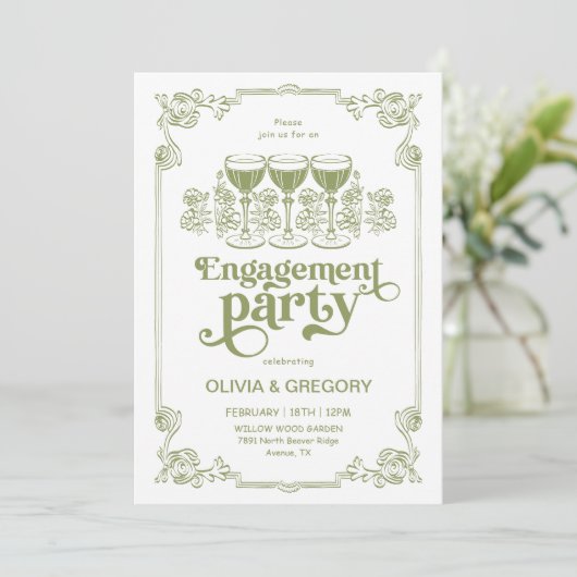 Olive Green Sparking Champagne Engagement Party Kaart (Staand voorkant)