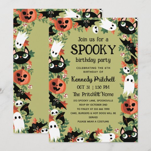 Olive Green Spooky Halloween Kids Verjaardagsfeest Kaart (Voorkant / Achterkant)