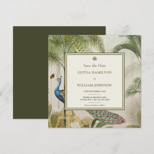 Olive Green Square Tropical Peacock Palm Save The Date (Voorkant / Achterkant)
