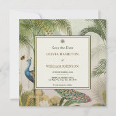 Olive Green Square Tropical Peacock Palm Save The Date (Voorkant)
