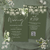 Olive Green String Lights Bloemen QR Code Trouwen Kaart