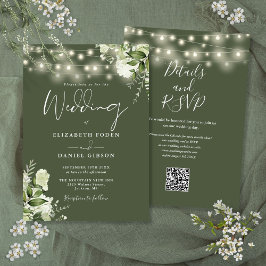 Olive Green String Lights Bloemen QR Code Trouwen Kaart