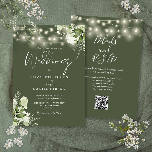 Olive Green String Lights Bloemen QR Code Trouwen Kaart
