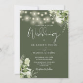 Olive Green String Lights Bloemen QR Code Trouwen Kaart (Voorkant)