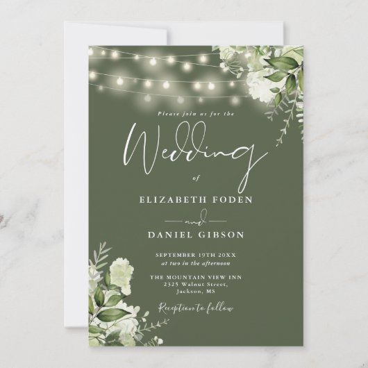 Olive Green String Lights Bloemen QR Code Trouwen Kaart (Voorkant)