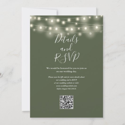 Olive Green String Lights Bloemen QR Code Trouwen Kaart (Achterkant)