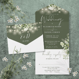 Olive Green String Lights Groen Bloemen Huwelijk All In One Uitnodiging