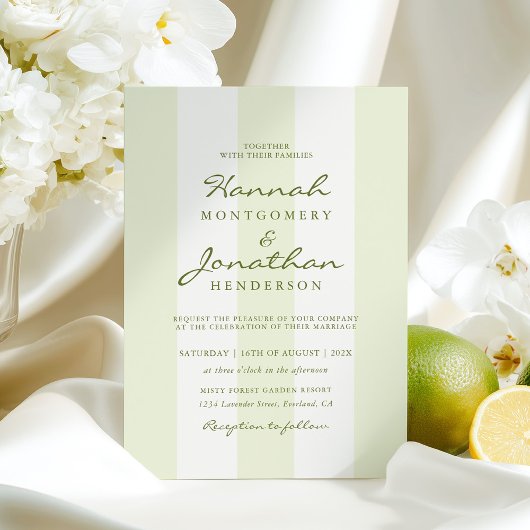 Olive Green Stripe Wedding Invitation Kaart