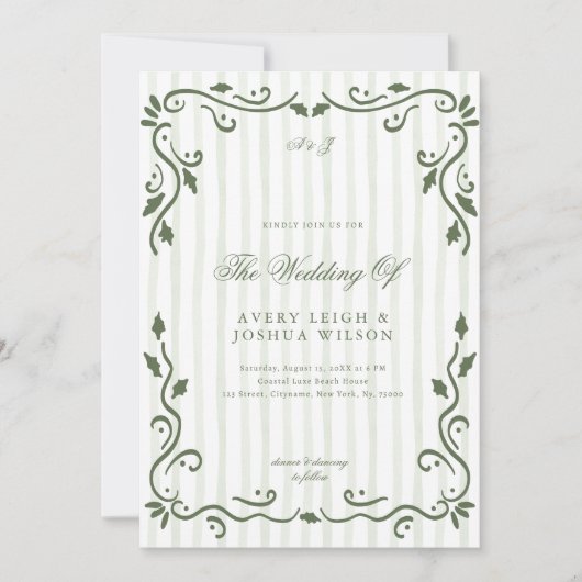 Olive Green Striped Classic Elegant Wedding Kaart (Voorkant)
