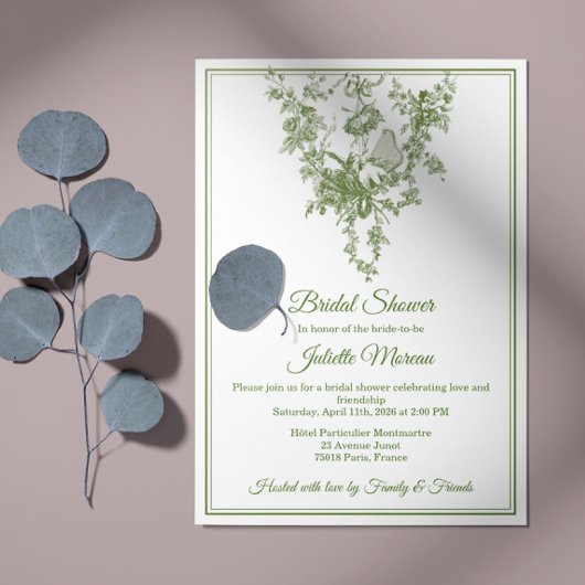 Olive Green Toile de Jouy Bridal Shower Invitation Kaart