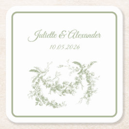 Olive Green Toile de Jouy Wedding Paper Coasters Kartonnen Onderzetters