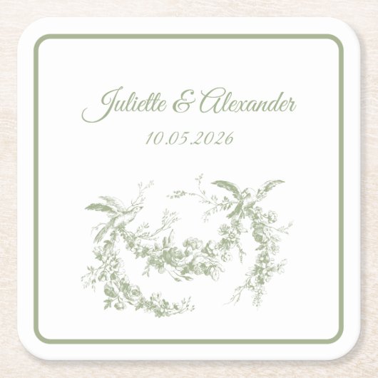 Olive Green Toile de Jouy Wedding Paper Coasters Kartonnen Onderzetters (Voorkant)