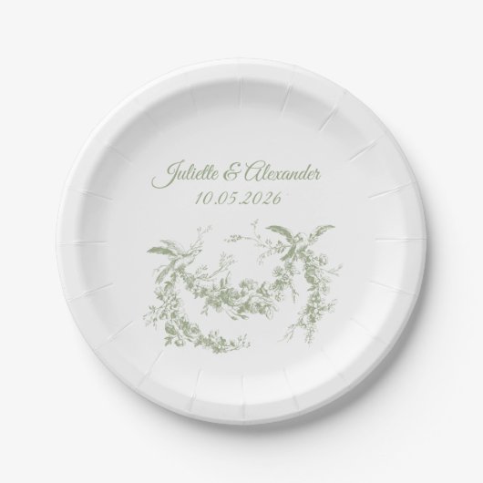 Olive Green Toile de Jouy Wedding Paper Plates Papieren Bordje (Voorkant)