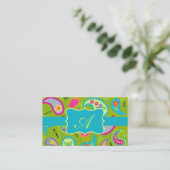 Olive Green Turquoise Modern Paisley Monogram Visitekaartje (Staand voorkant)