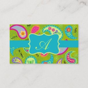 Olive Green Turquoise Modern Paisley Monogram Visitekaartje