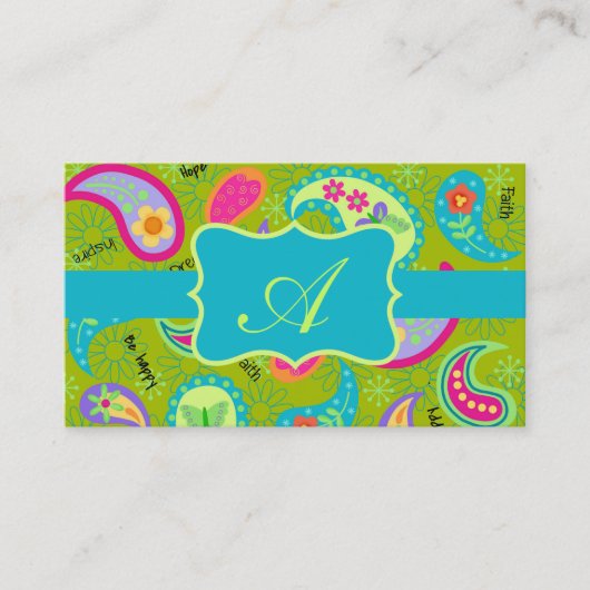 Olive Green Turquoise Modern Paisley Monogram Visitekaartje (Voorkant)