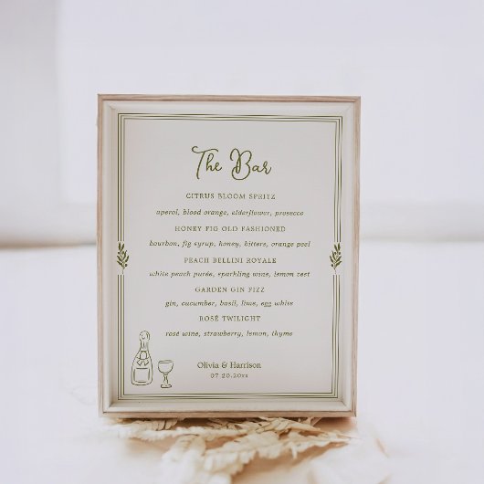 Olive Green Tuscan Elegant Bar Menu Sign Poster