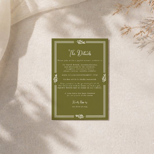 Olive Green Tuscan Elegant Wedding Details Card Informatiekaartje