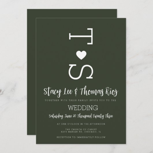 Olive Green Typografie Heart Wedding Invitation Kaart (Voorkant / Achterkant)