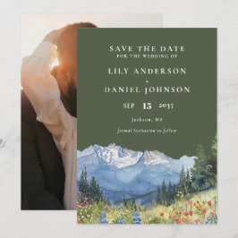 Olive Green Watercolor Mountain Photo Wedding Save The Date