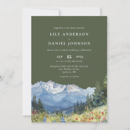 Olive Green Watercolor Mountain Wildflower Wedding Kaart