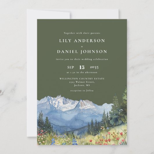 Olive Green Watercolor Mountain Wildflower Wedding Kaart (Voorkant)