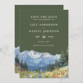 Olive Green Watercolor Mountain Wildflower Wedding Save The Date (Voorkant / Achterkant)