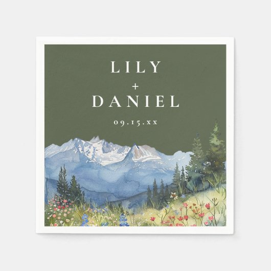 Olive Green Watercolor Mountain Wildflower Wedding Servet (Voorkant)