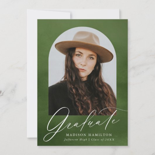 Olive Green Waterverf Arch 7 Foto Afstuderen Aankondiging (Voorkant)