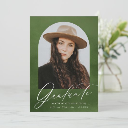 Olive Green Waterverf Arch 7 Foto Afstuderen Aankondiging (Staand voorkant)