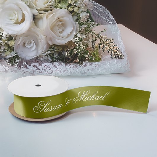Olive Green Wedding Elegant Script Calligraphy Satijnen Lint
