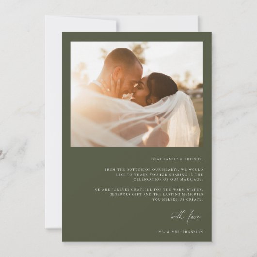 Olive Green Wedding Foto Bedankkaart (Achterkant)