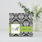 Olive Green Wedding Monogram Damask Uitnodiging (Staand voorkant)