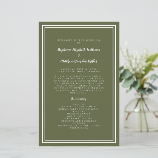 Olive Green Wedding Script Budget Ceremony Program (Staand voorkant)