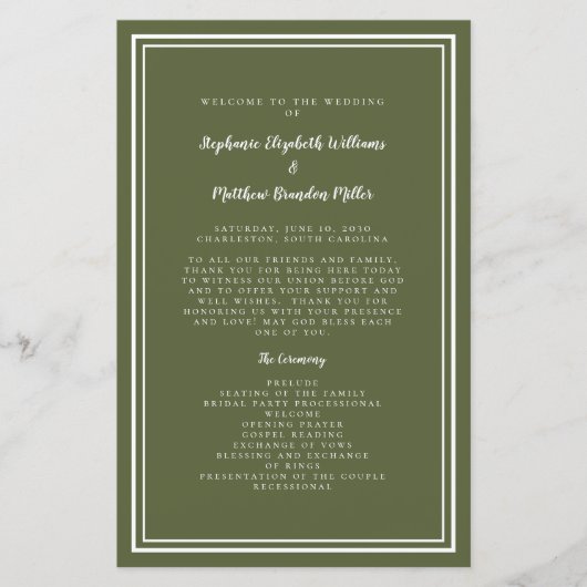 Olive Green Wedding Script Budget Ceremony Program (Voorkant)