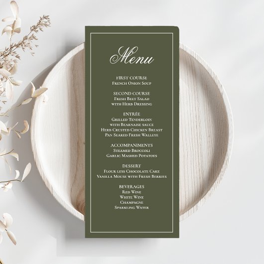 Olive Green Wedding Script Dinner Menu