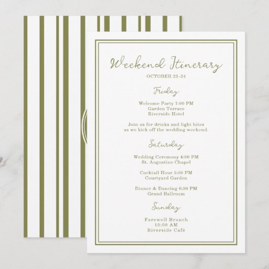Olive Green Wedding Weekend Itinerary Card Kaart (Voorkant / Achterkant)