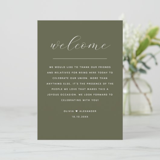 Olive Green Wedding Weekend Timeline & Welcome Kaart (Staand voorkant)