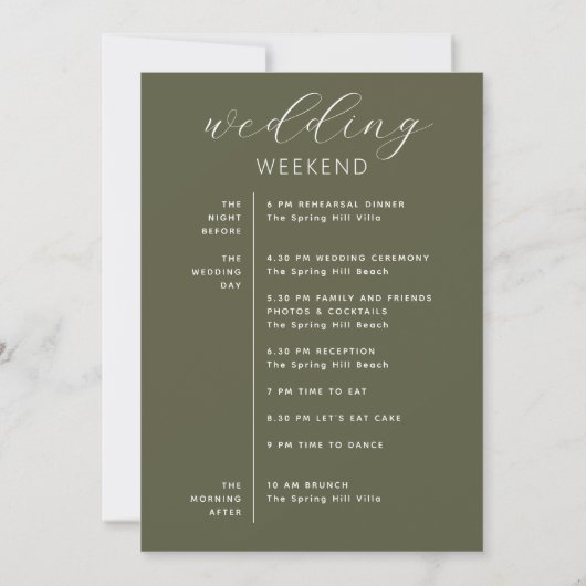 Olive Green Wedding Weekend Timeline & Welcome Kaart (Achterkant)
