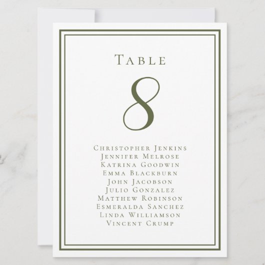 Olive Green Wedding Zitplaatsen Gasttafel Nummer Kaart (Voorkant)