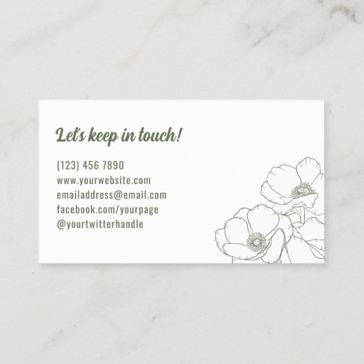 Olive Green White Anemones Line Art Visitekaartje (Achterkant)