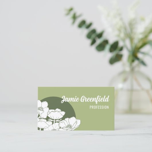 Olive Green White Anemones Line Art Visitekaartje (Staand voorkant)