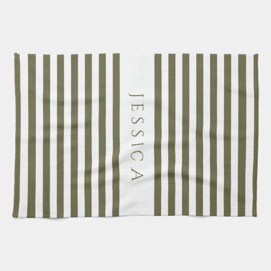 Olive Green & White Farmhouse Striped Pattern Theedoek (Horizontaal)