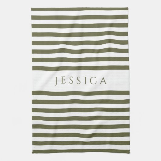 Olive Green & White Farmhouse Striped Pattern Theedoek (Verticaal)