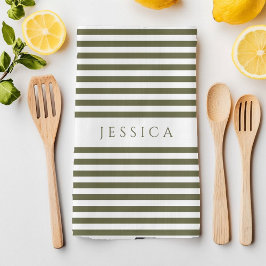 Olive Green & White Farmhouse Striped Pattern Theedoek