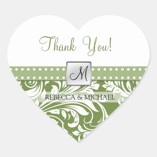 Olive Green & White floral damask Bedankt! Hart Sticker (Voorkant)