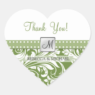 Olive Green & White floral damask Bedankt! Hart Sticker