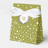 Olive green, white polka dot pattern wedding fav bedankdoosjes (Voorkant Zijde)